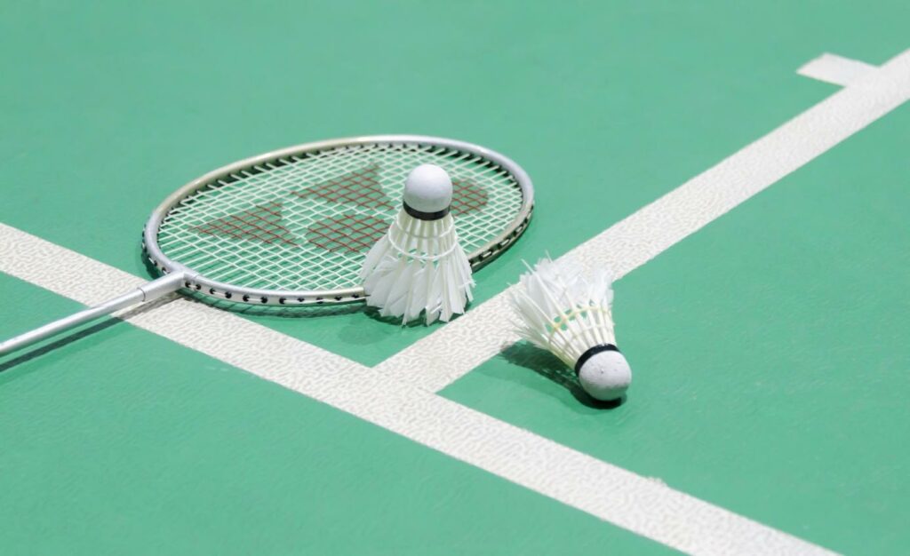 O rachetă de badminton și două fluturașe sunt așezate pe teren