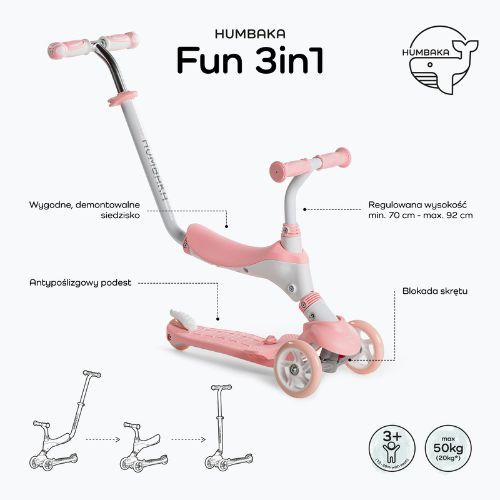 Trotinetă pentru copii HUMBAKA Fun 3in1 roză KS002