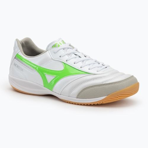 Încălțăminte de fotbal pentru bărbați Mizuno Morelia Sala Elite IN white/neon green/galaxy silver