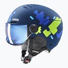Cască de schi pentru copii  UVEX Rocket Visor Jr blue puzzle matt/mirror blue/smoke