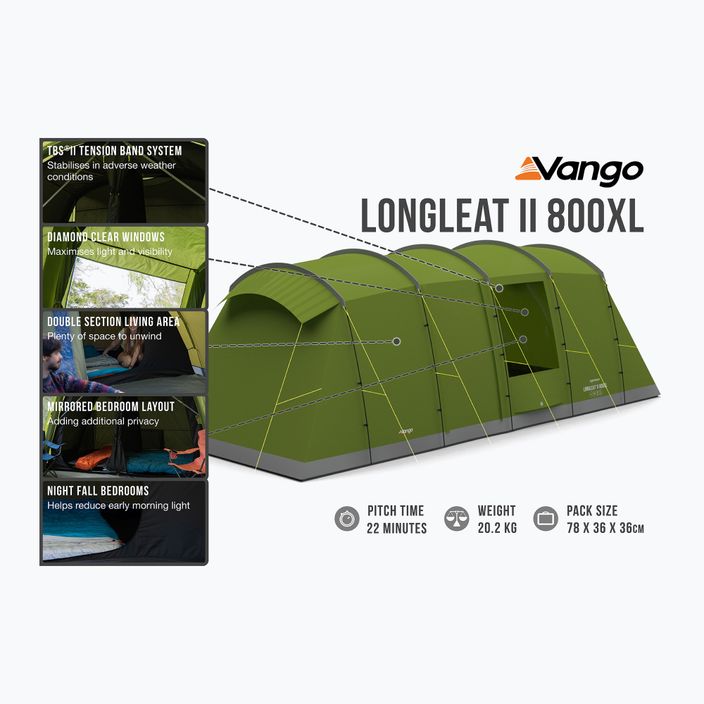 Vango Longleat II 800XL cort de camping pentru 8 persoane, verde TESLONGLEH09TAS 11