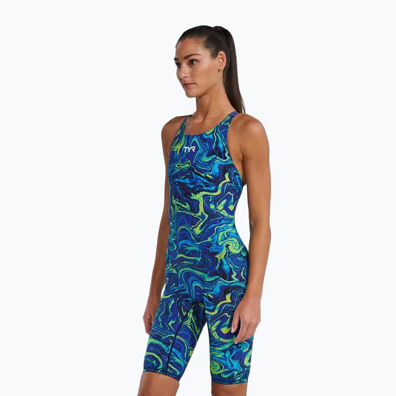 Costum de baie întreg pentru femei TYR Thresher Open Back Hyperblitz blue/green 3