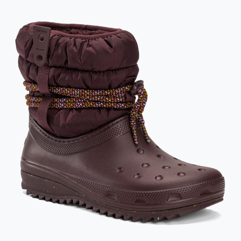 Cizme de zăpadă Crocs Classic Neo Puff Luxe pentru femei, de culoare vișinie închisă