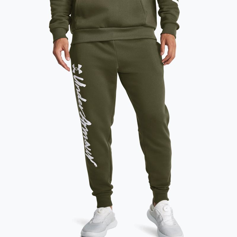 Under Armour Rival Fleece Graphic Joggers pantaloni de antrenament pentru bărbați, marină de la verde/alb