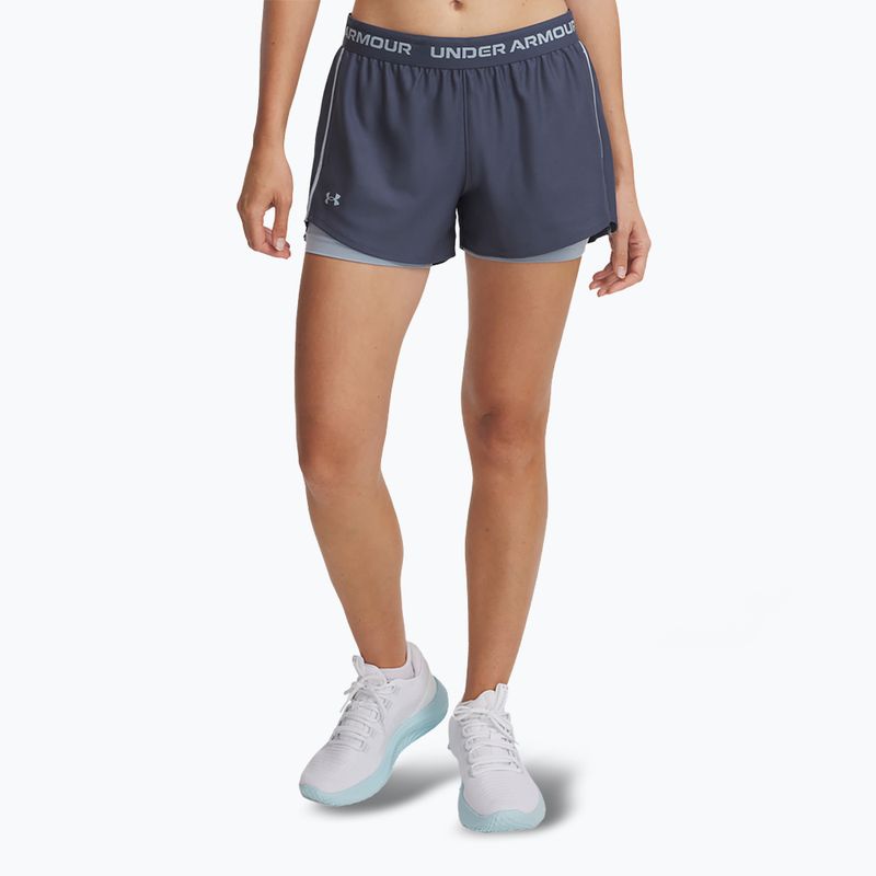Pantaloni scurți de antrenament pentru femei Under Armour Tech Play Up 2in1 downpour gray / harbor blue / harbor blue