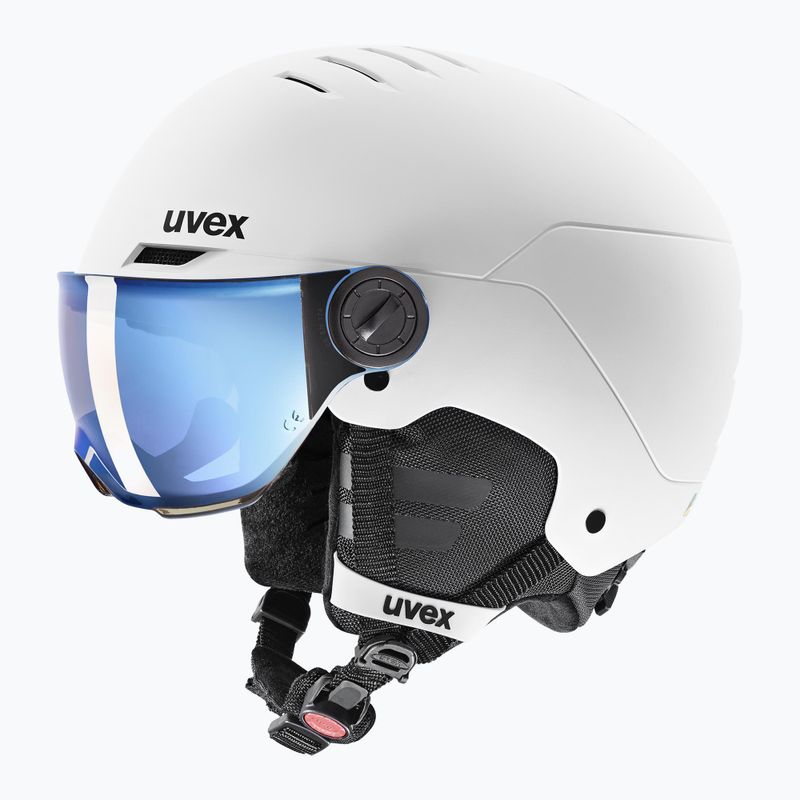 Cască de schi pentru copii UVEX Rocket Visor Jr white/black matt/mirror blue/smoke