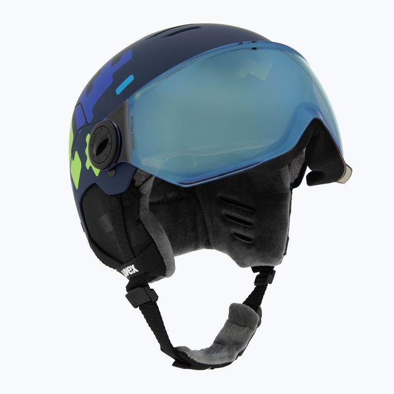 Cască de schi pentru copii UVEX Rocket Visor Jr blue puzzle matt/mirror blue/smoke 9