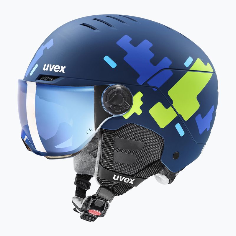 Cască de schi pentru copii  UVEX Rocket Visor Jr blue puzzle matt/mirror blue/smoke