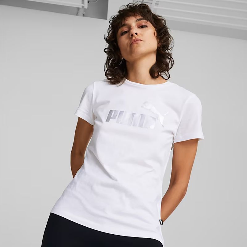 Tricou pentru femei PUMA ESS+ Metallic Logo Tee puma white/silver metallic