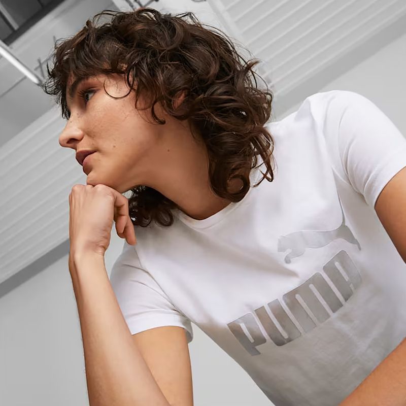 Tricou pentru femei PUMA ESS+ Metallic Logo Tee puma white/silver metallic