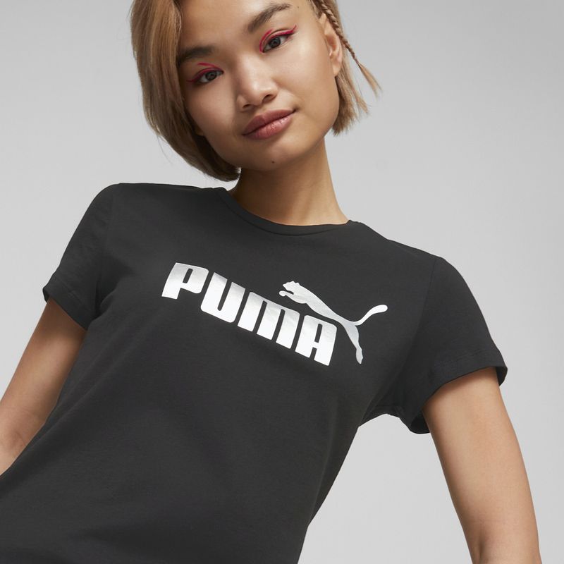 Tricou pentru femei PUMA ESS+ Metallic Logo Tee puma black/silver metallic