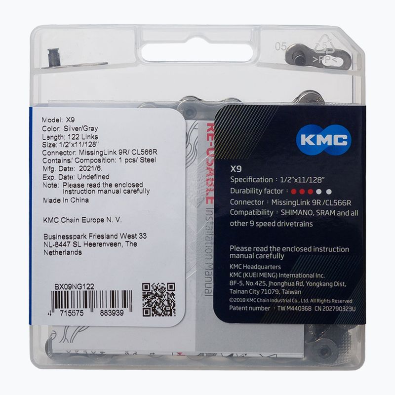 Lanț de bicicletă KMC X9 122 verigi 9rz gri-argintiu BX09NG122 2