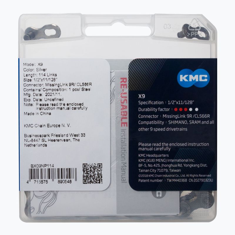 Lanț de bicicletă KMC X9 114 verigi 9rz argintiu BX09NP114 2