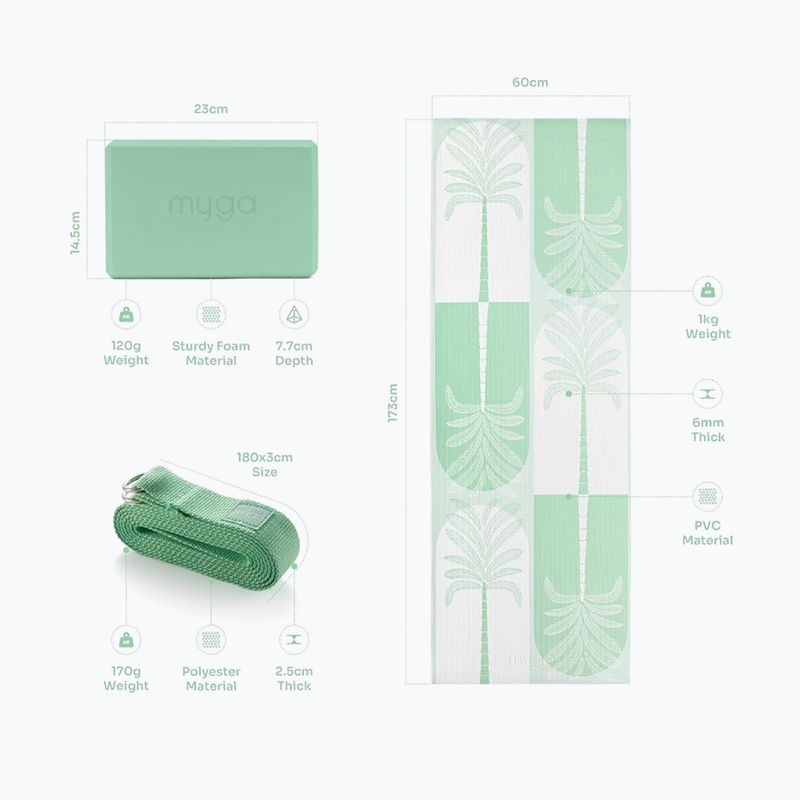 Set de yoga Myga Sage Palm Yoga Set mat + block + green strap 13