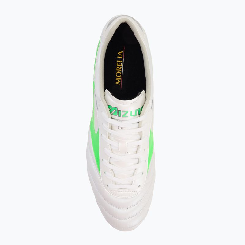 Încălțăminte de fotbal pentru bărbați Mizuno Morelia II Elite Md white/neon green/galaxy silver 5