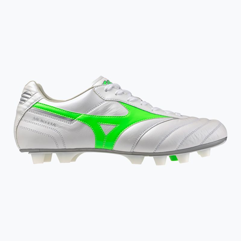 Încălțăminte de fotbal pentru bărbați Mizuno Morelia II Elite Md white/neon green/galaxy silver 8
