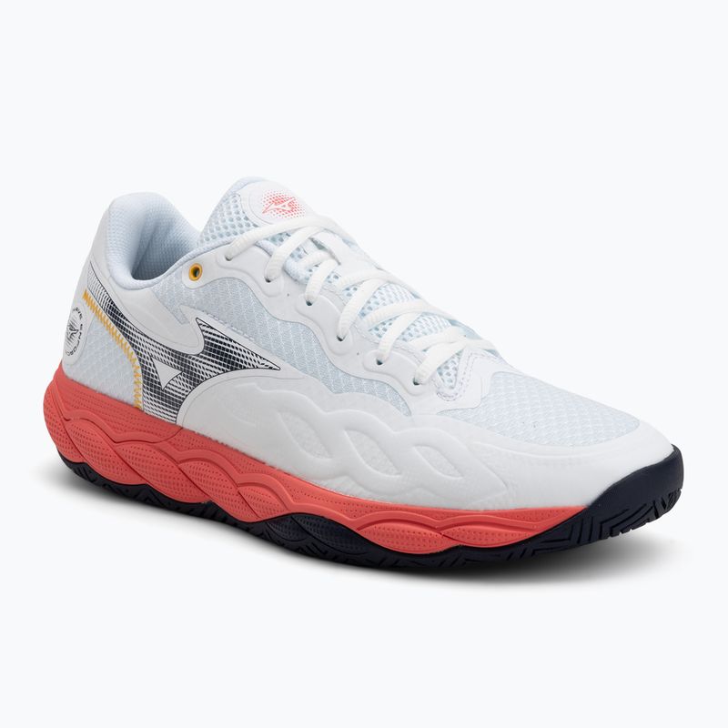 Încălțăminte de tenis pentru bărbați Mizuno Wave Enforce Court AC white/baritone blue/calypso coral