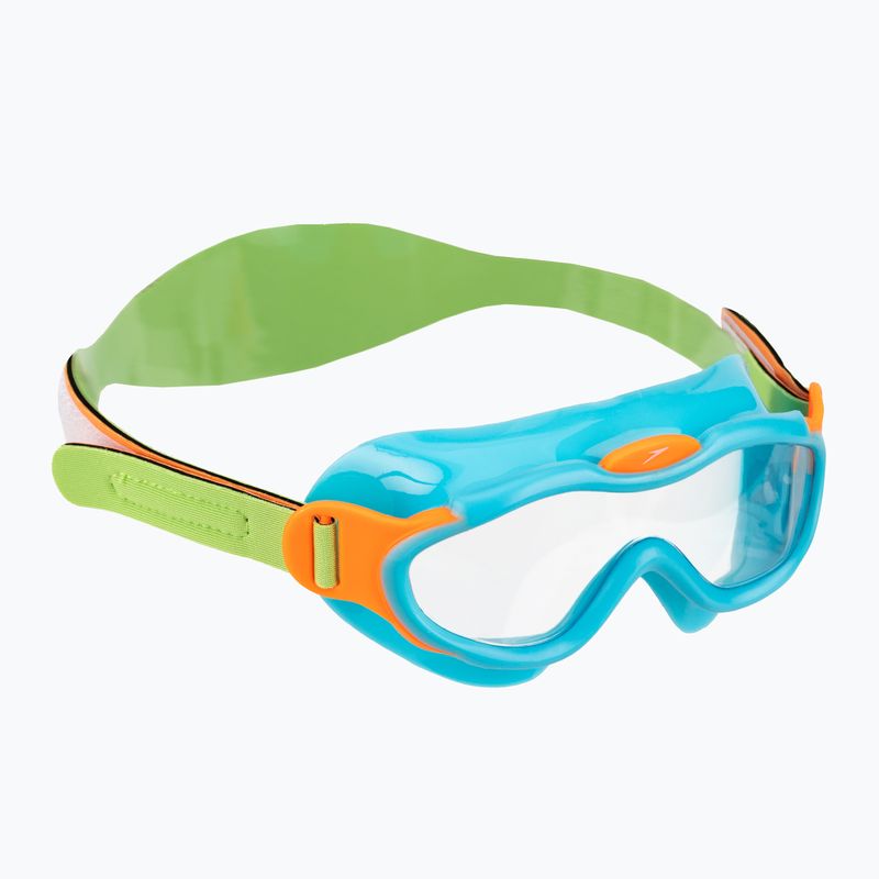 Masca de înot pentru copii Speedo Sea Squad Jr albastru azuriu/verde fluo/portocaliu/fluo portocaliu/clear