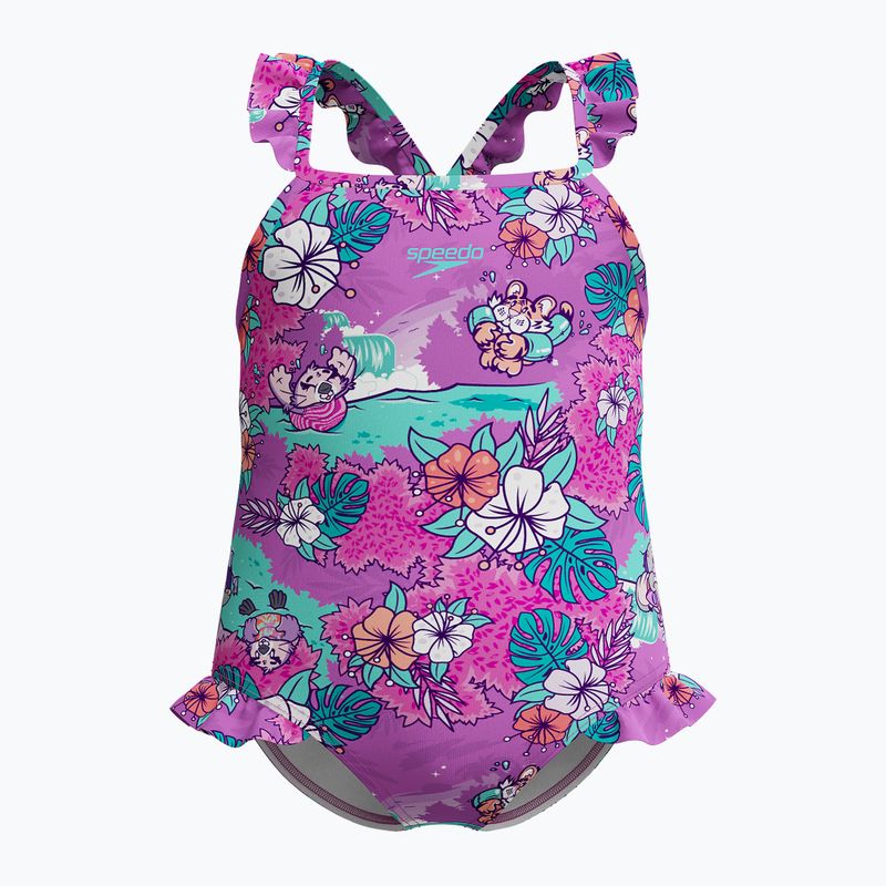 Costum de baie dintr-o piesă pentru copii Speedo Learn To Swim Printed Frill Thinstrap neon violet