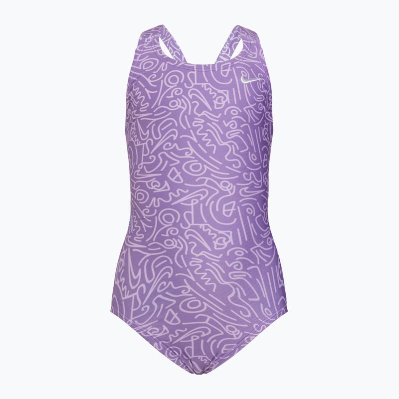 Costum de baie o piesă pentru copii Nike Hydrastrong Multi Print Fastback space violet pentru copii