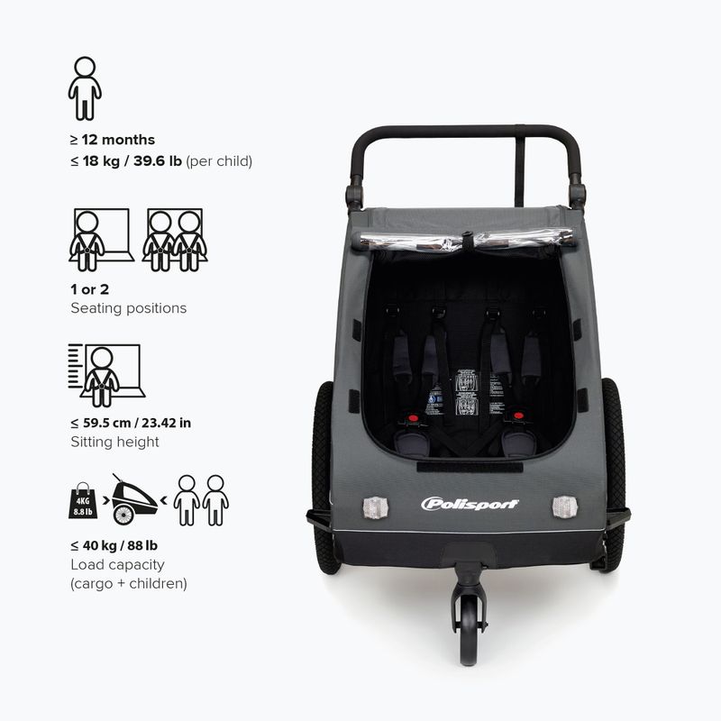 Remorcă pentru bicicletă Polisport Kids Trailer&Stroller black/grey 7