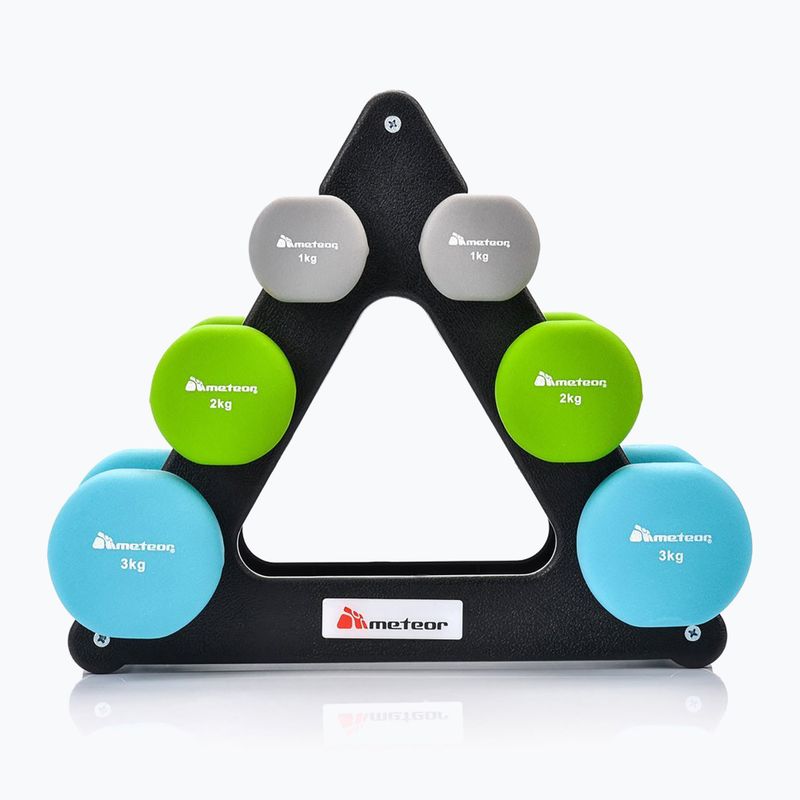 Set de gantere cu suport Meteor 2 x 1 kg / 2 x 2 kg / 2 x 3 kg colorate 30189 2