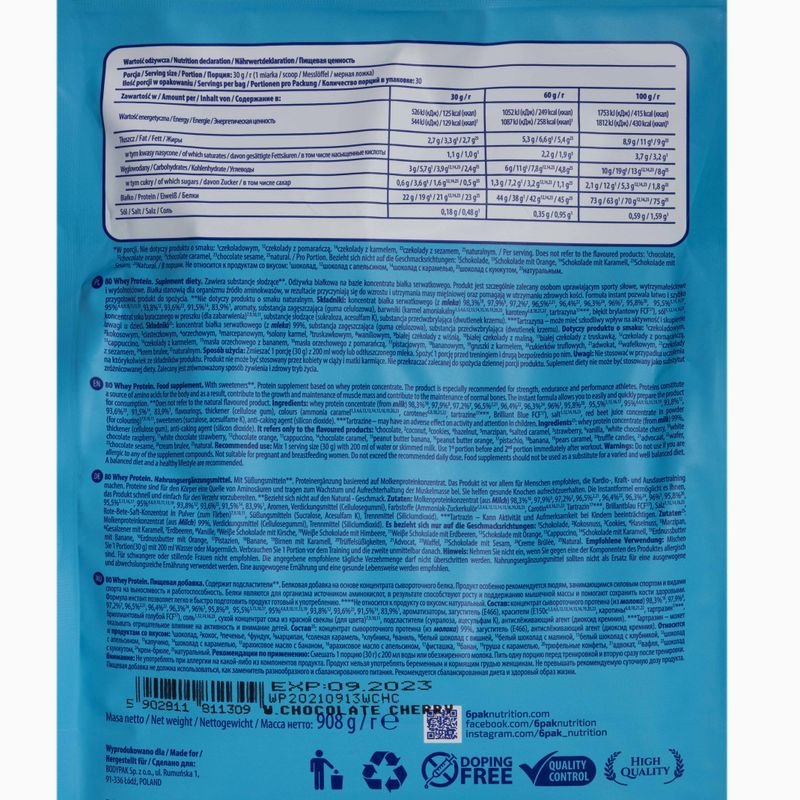 Whey 6PAK 80 Proteine 908g ciocolată albă cu cireșe PAK/162#BCZWI 2