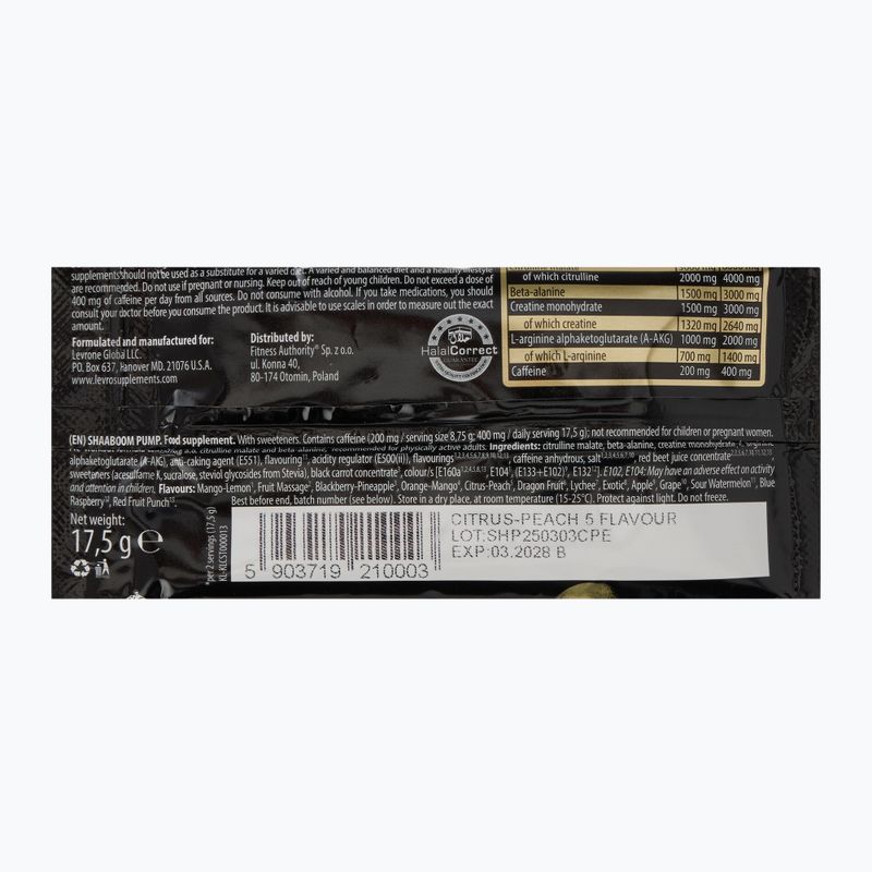Pre-antrenament Fitness Authority Levrone Shaaboom Pump 17,5 g citrus/peach 2