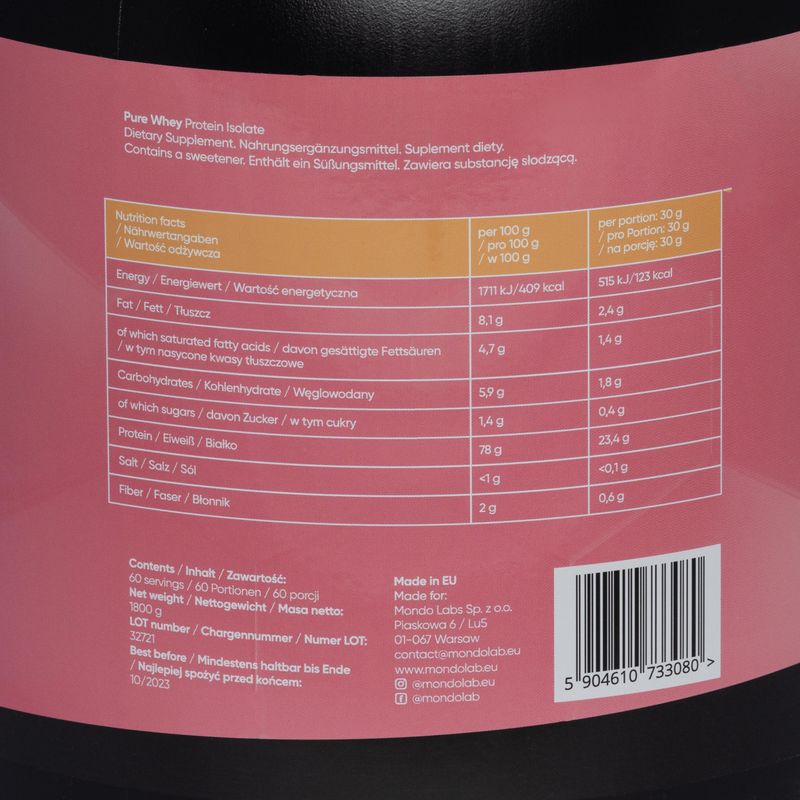 Pure Whey MONDOLAB Protein Isolate 1800g banana-frăguțe MND004 2
