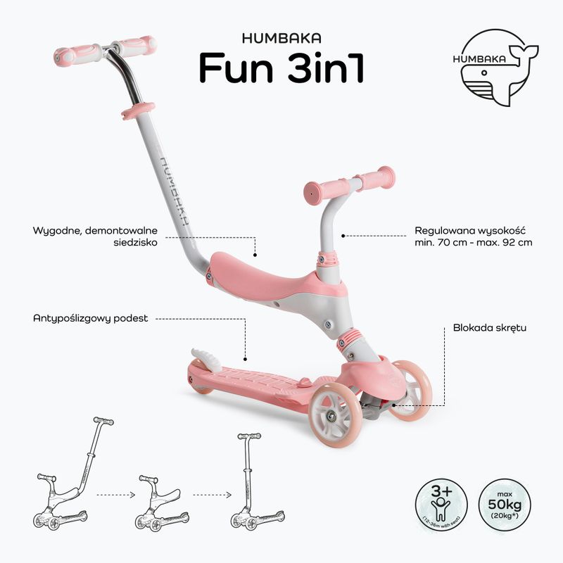 Trotinetă pentru copii HUMBAKA Fun 3in1 roză KS002 2