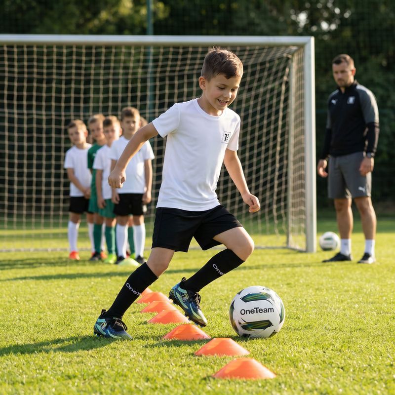 Set fotbal pentru copii OneTeam Precision Set tricou și pantaloni scurți alb 14