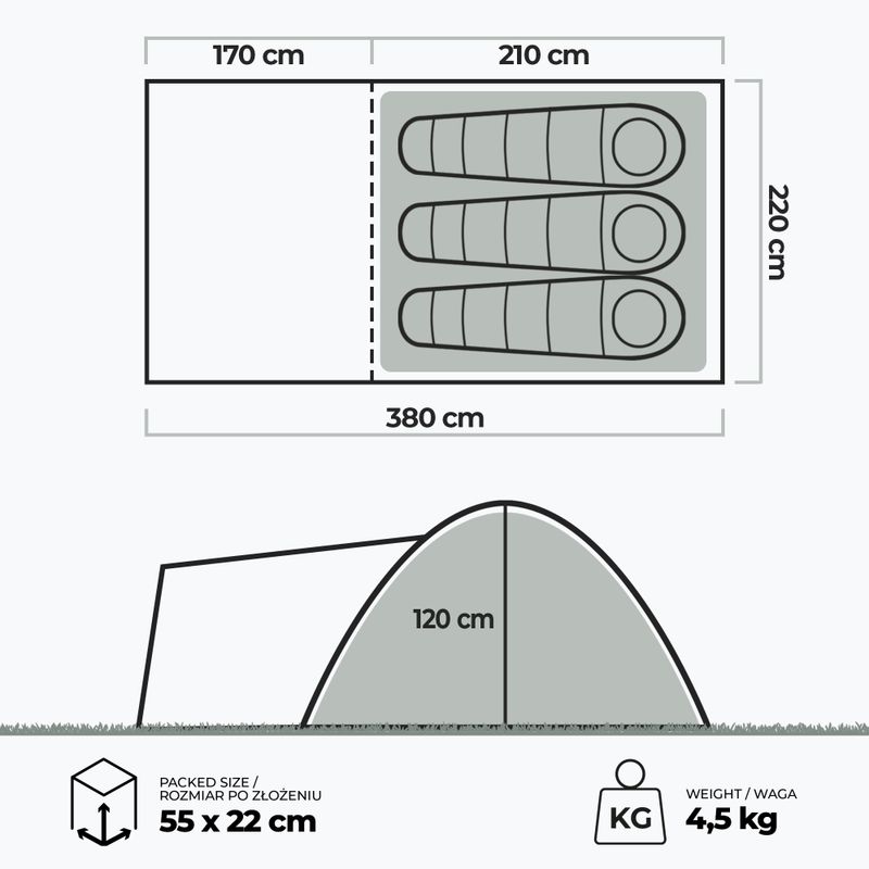 Cort de camping pentru 3-persoane KADVA Kavio 3 verde 23