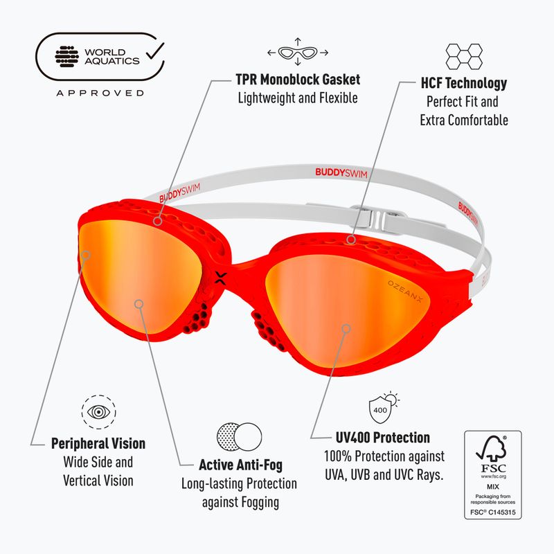 Ochelari înot BuddySwim OzeanX Mirror red/white/orange 2
