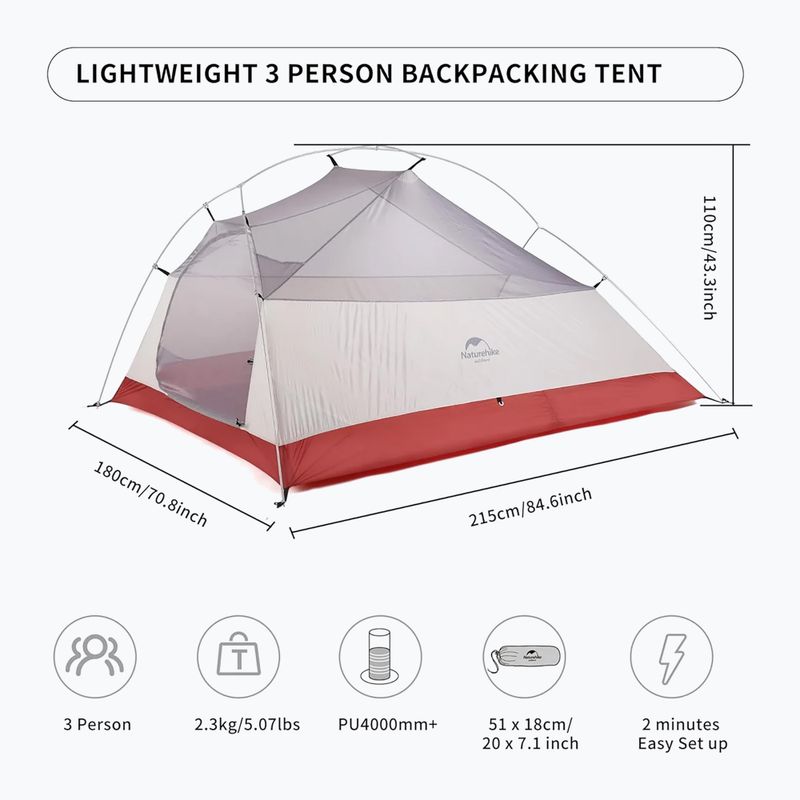Cort de trekking pentru 3 persoane Naturehike Updated Cloud Up 3 light grey/red 6