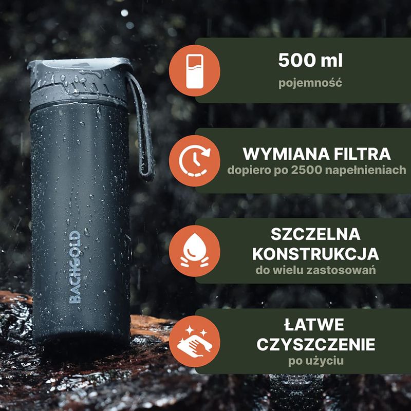 Sticlă turistică cu filtru Bachgold Selfpress Waterfilter 500 ml verde