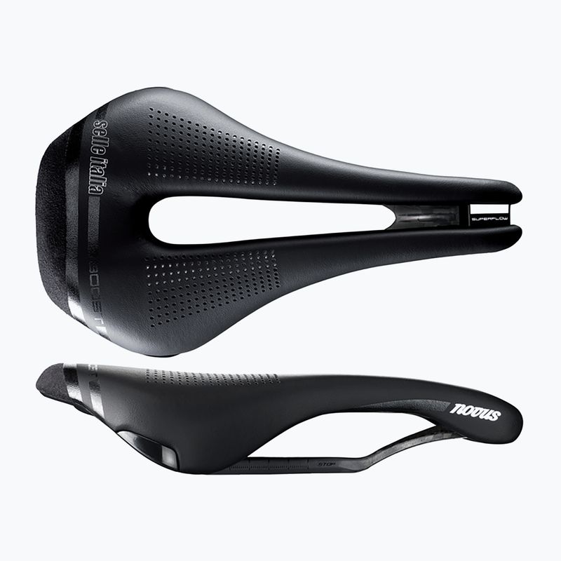 Șa de bicicletă Selle Italia Novus Boost Kit Carbonio Superflow L Ti 316 Rail Fibra-Tek neagră SIT-080A802ICA001