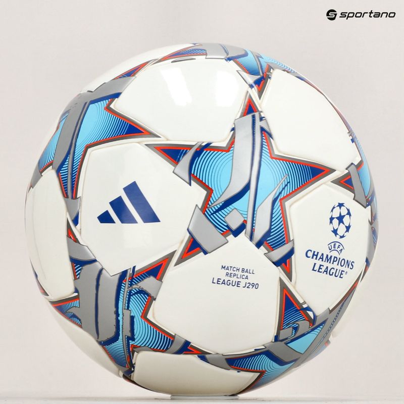 Minge de fotbal adidas UCL Junior 290 League 23/24 white/silver metallic/bright cyan mărime 4 5