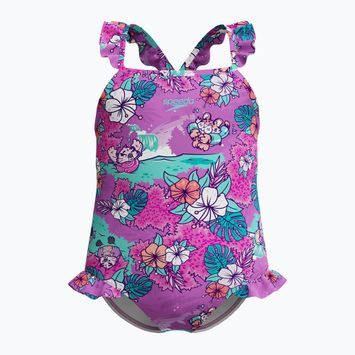 Costum de baie dintr-o piesă pentru copii Speedo Learn To Swim Printed Frill Thinstrap neon violet