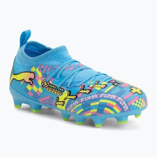 Încălțăminte de fotbal pentru copii PUMA Future 9 Match Advanced Level FG/AG Jr puma white/blue glimmer/pink glimmer/yellow alert