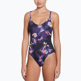 Costum de baie dintr-o piesă pentru femei Nike Floral Blur V-Neck black