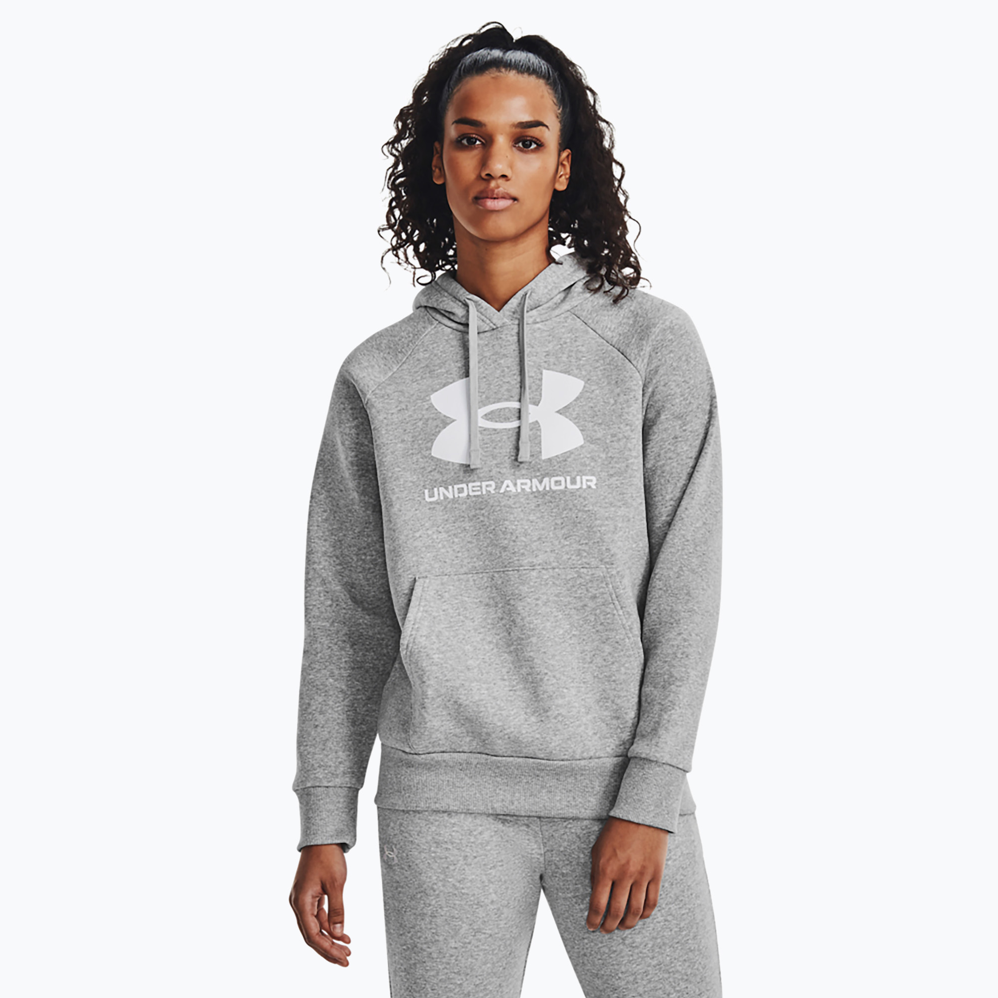 Bluză pentru femei Under Armour Rival Fleece Big Logo Hoody mod gray light heather/white (Rival Fleece Big Logo Hoody 1379501-012)