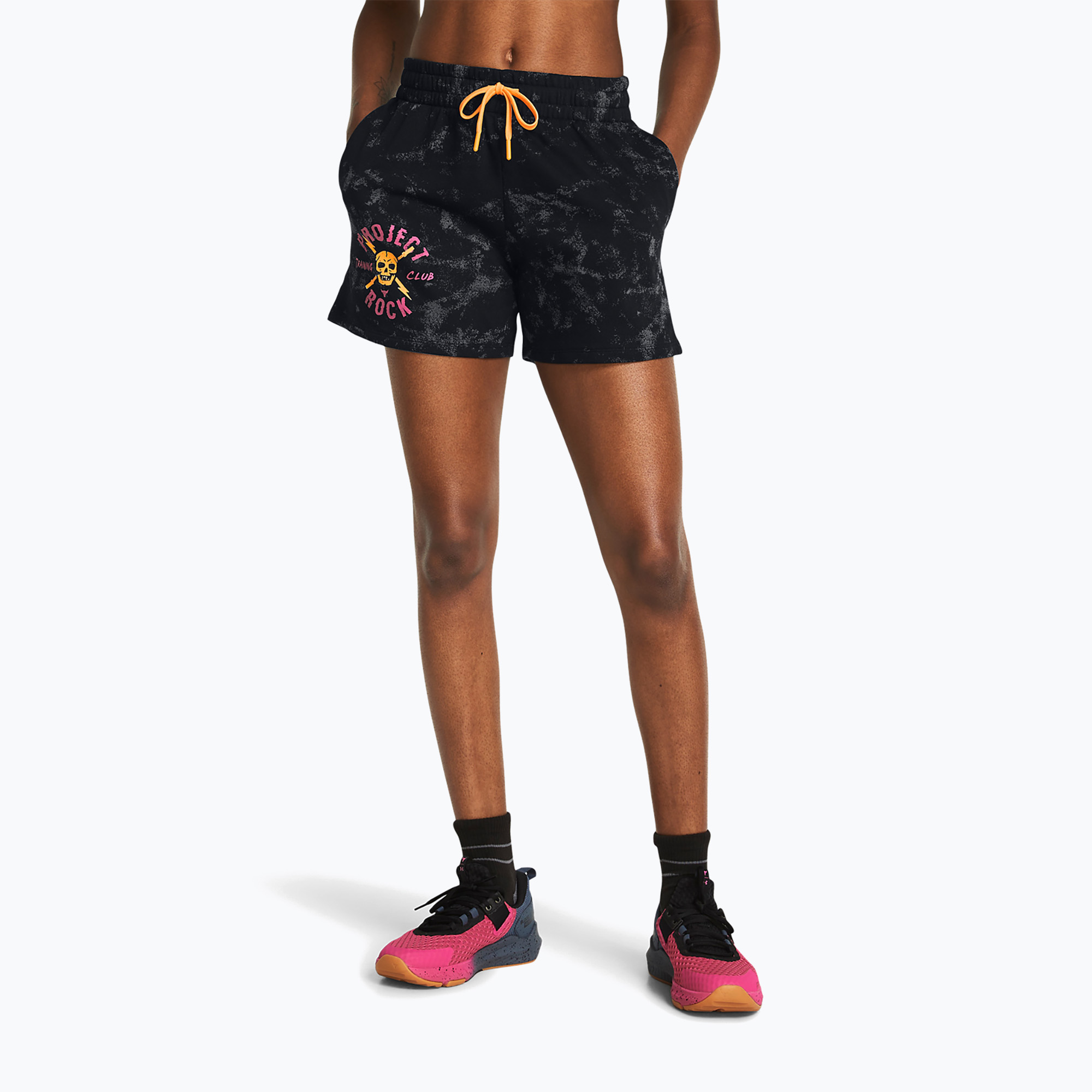 Pantaloni scurți de antrenament pentru femei Under Armour Project Rock Underground Terry black/nova orange/white (Project Rock Underground Terry 1382712)