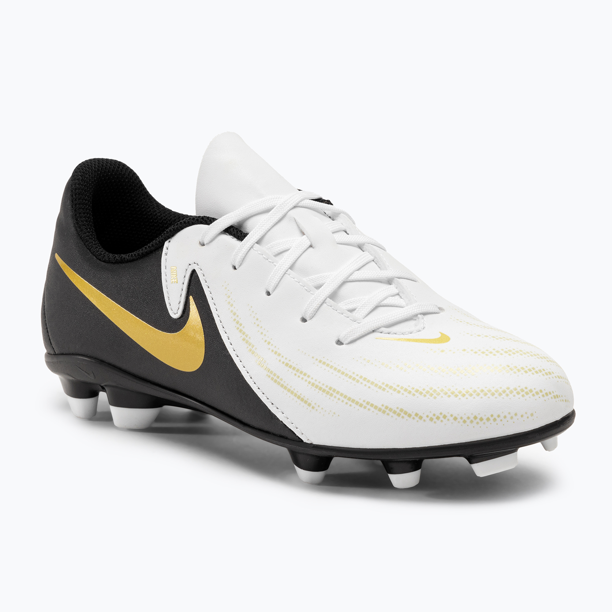 Încălțăminte de fotbal pentru copii Nike Phantom GX II Club FG/MG Junior white/metallic gold coin/black (Phantom GX II Club FG/MG Junior FJ2600)