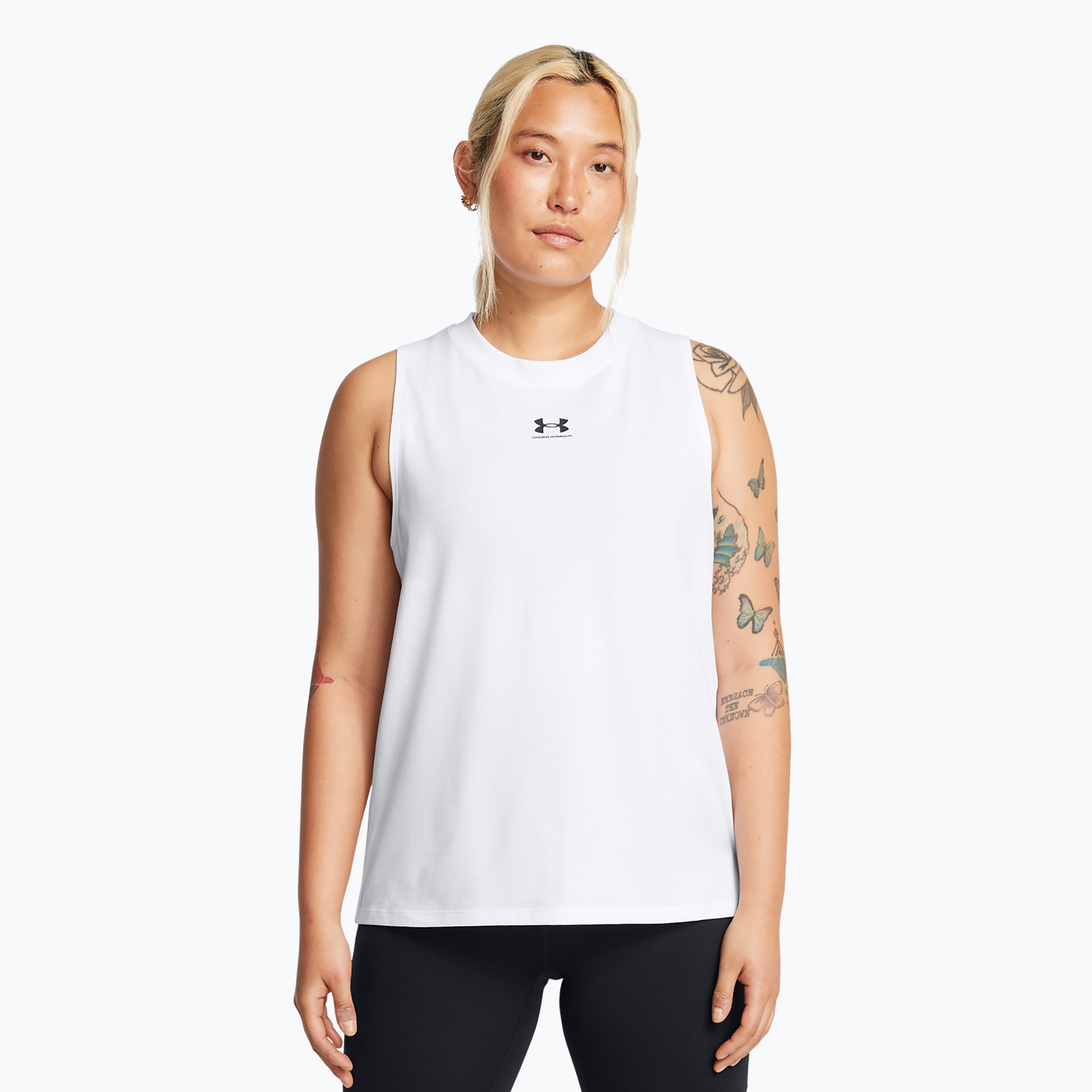 Tank top de antrenament pentru femei Under Armour Rival Muscle Tank white/black (Rival Muscle Tank 1383659-100)