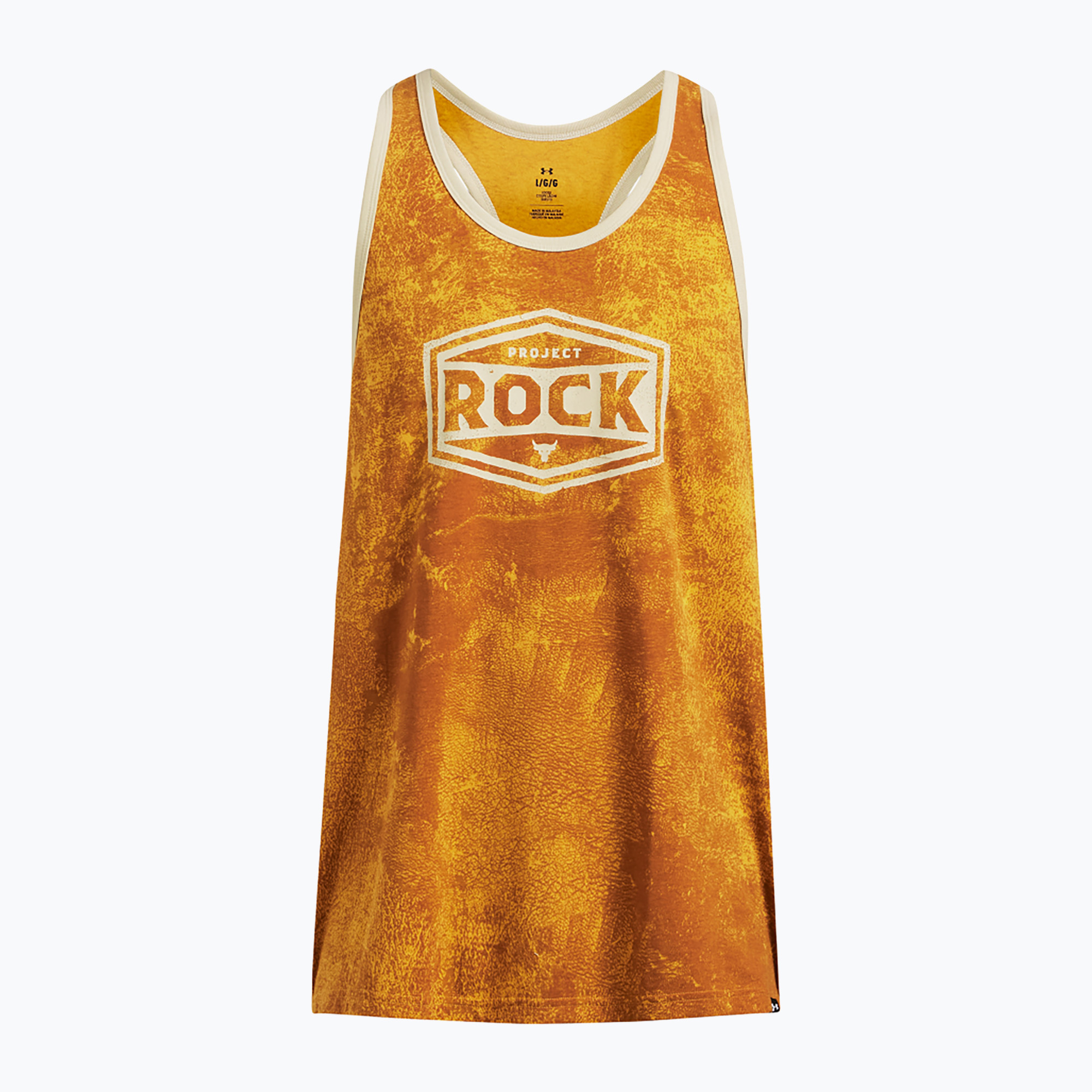Tank top de antrenament pentru bărbați Under Armour Project Rock Racer golden yellow/silt (Project Rock Racer 1386915-711)