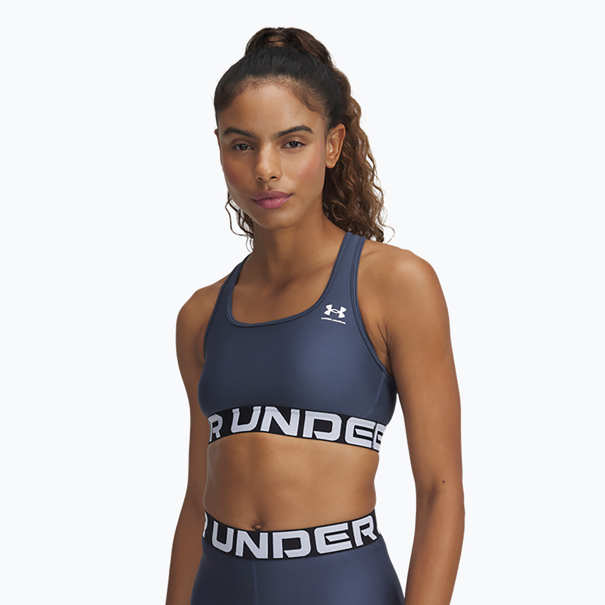 Sutien de antrenament Under Armour HG Authentics Mid Branded downpour gray/white (HG Authentics Mid Branded 1383544-044)