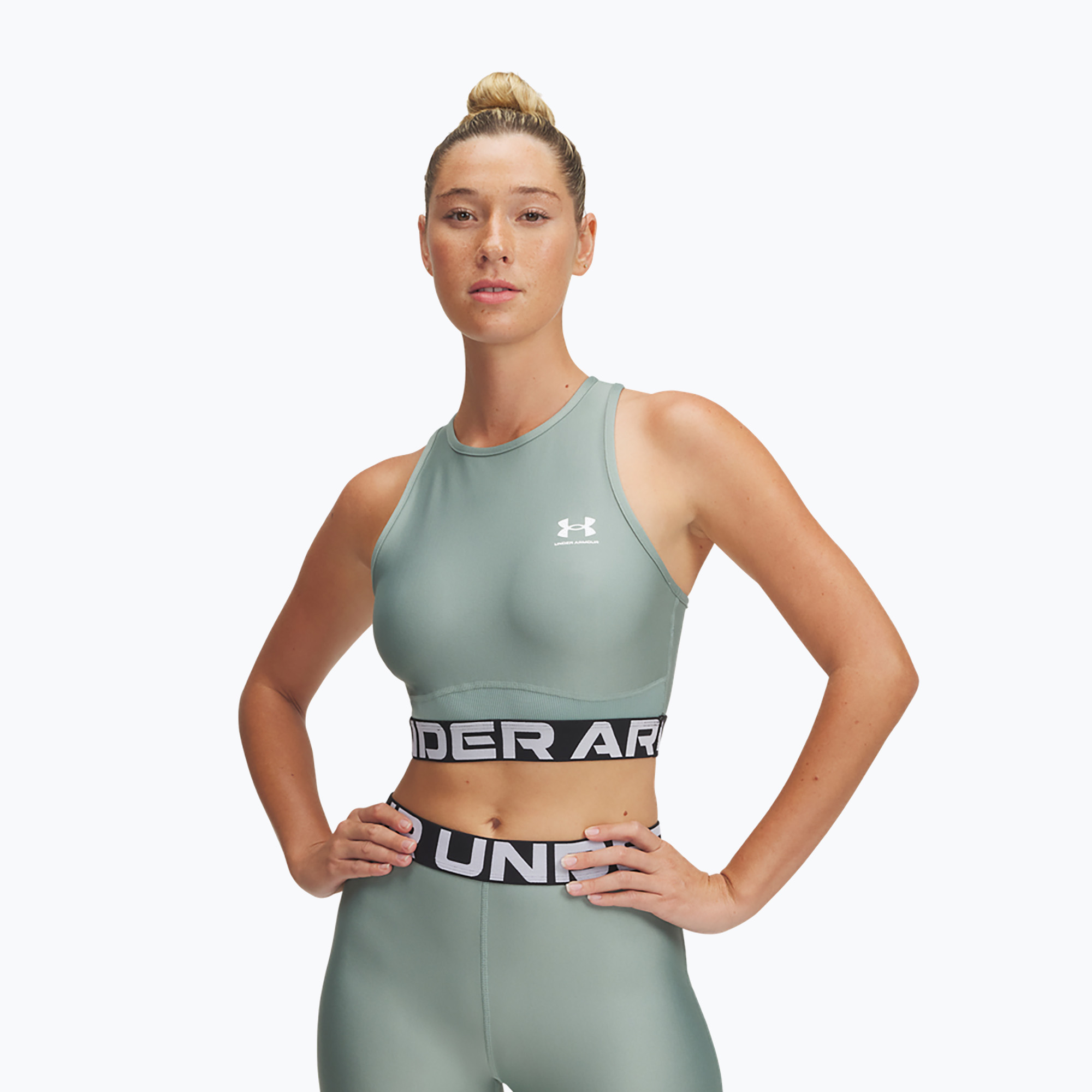 Top de antrenament pentru femei Under Armour Heat Gear Rib Tank silica green/silica green/white (Heat Gear Rib Tank 1388694-348)