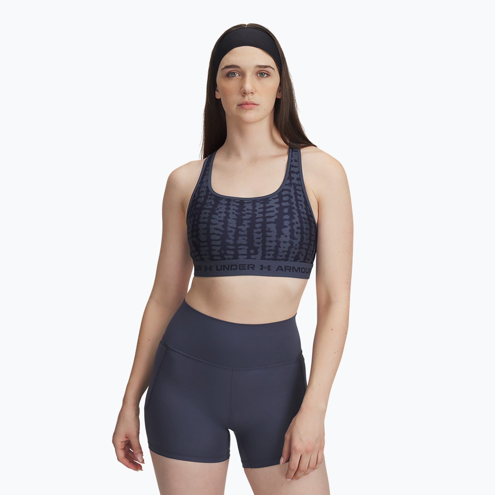 Sutien de antrenament  Under Armour Crossback Mid Print downpour gray/midnight navy/midnight navy (Crossback Mid Print 1361042-044)