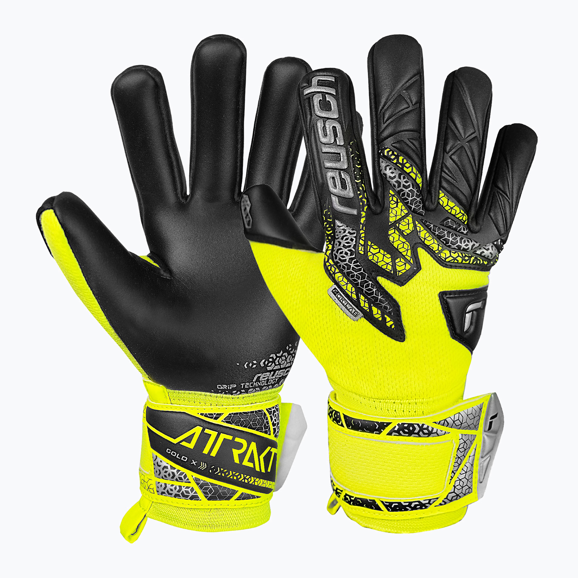 Mănuși de portar pentru copii Reusch Attrakt Gold X NC Junior safety yellow/silver/black (Attrakt Gold X NC Junior 5572955-2025)