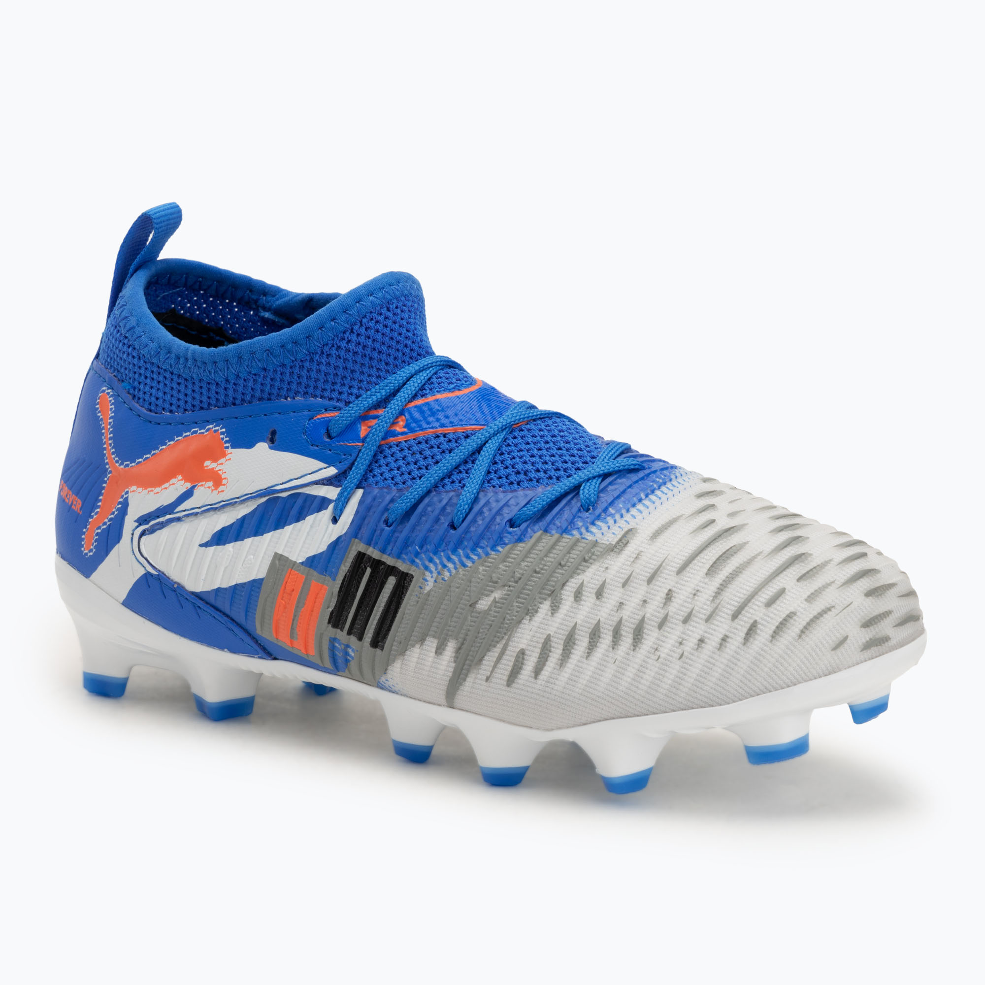 Încălțăminte de fotbal pentru copii PUMA Future 8 Match Forever FG/AG Jr white/ultra blue/feather gray/puma black/glowing red (Future 8 Match Forever FG/AG Jr 108435 01)